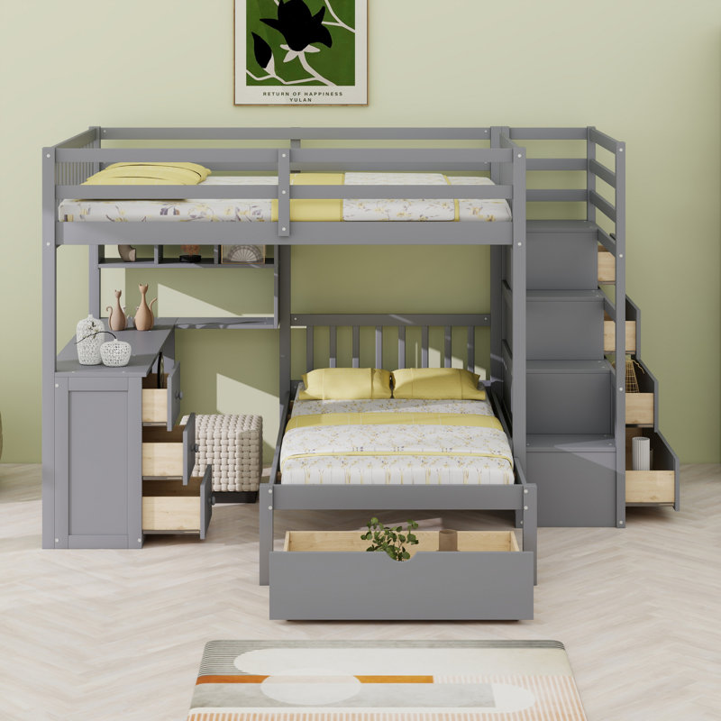 Lit superposé avec bureau, tiroirs et tablettes, gris