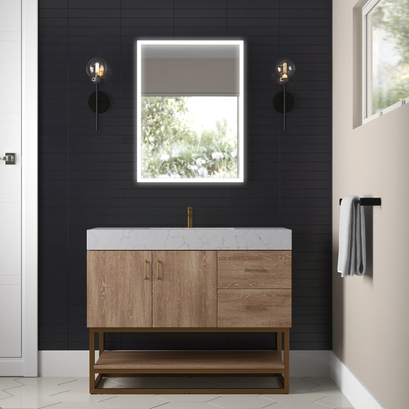 Alistair 42'' Single Bathroom Vanity with Engineered Stone Top, Natural Oak, Gold
