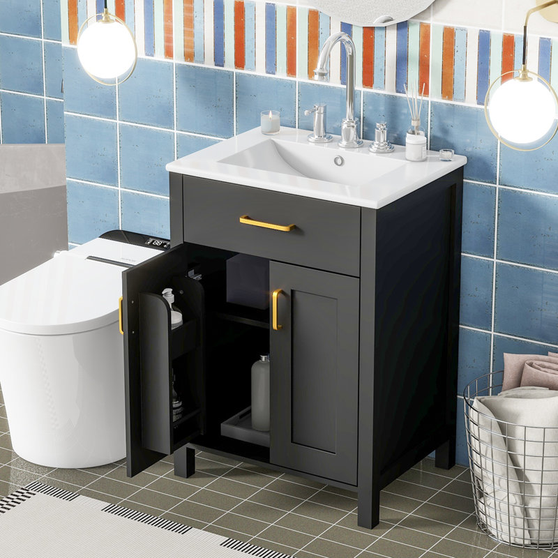 Black 24-Inch Freestanding Bathroom Vanity with Ceramic Sink