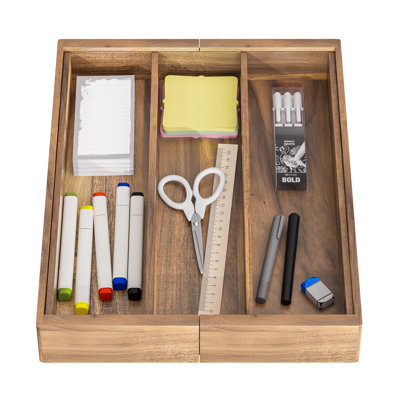 Acacia Wood Adjustable Flatware & Kitchen Utensils Drawer Organizer, 2.5" H x 18" D x 13" to 23" W