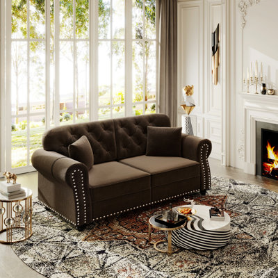 Canapé Chesterfield avec garniture cloutée, accoudoirs roulés, canapé capitonné avec 2 coussins