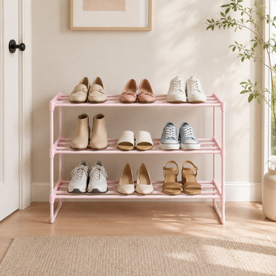 Jelly-like powder three-tier metal multi-functional shoe rack, can be stood upright, inverted, or stacked freely. Large capacity, simple shoe storage rack for the entryway.