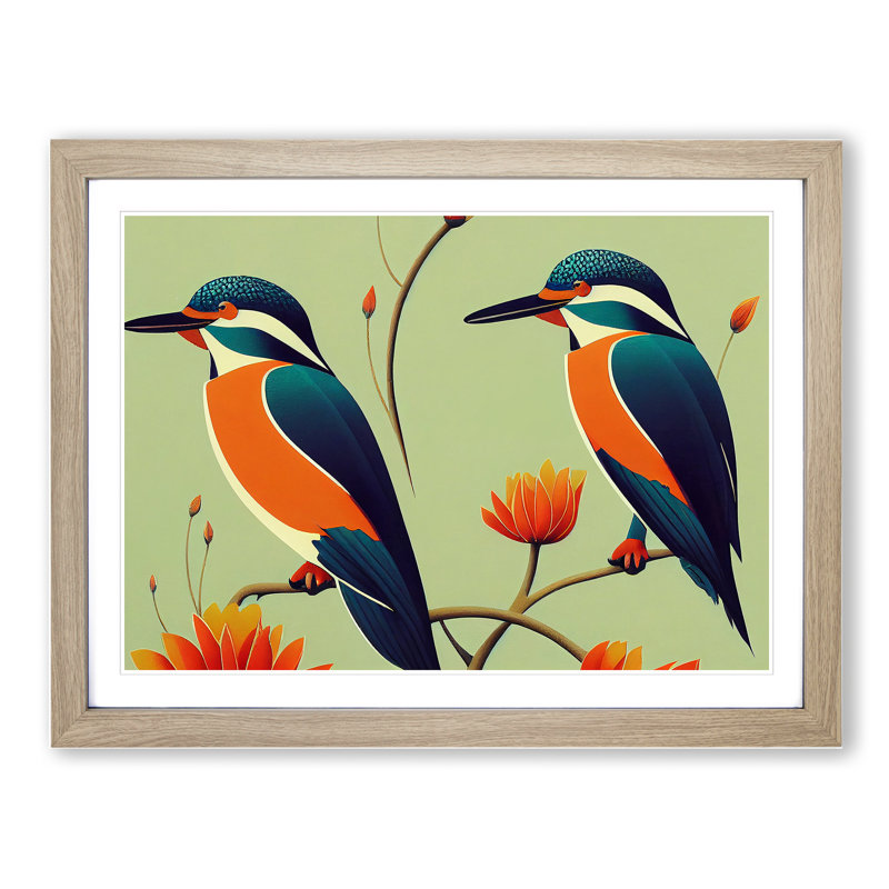 Kingfisher Birds Deco - Framed Print, 46cm H x 64cm W x 2cm D, Oak