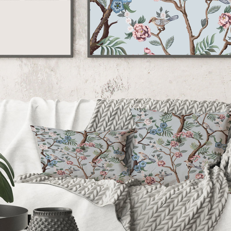 Rectangle,Chinoiserie With Birds And Peonies X - Traditional Printed Throw Pillow