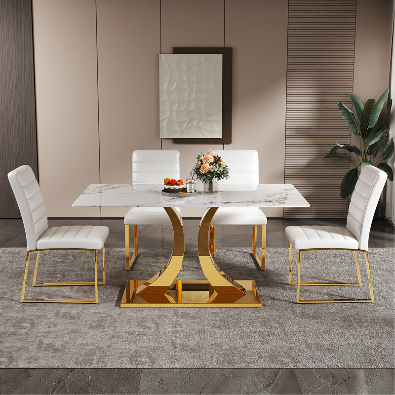 Ensemble de chaises de salle à manger en verre trempé à motif de marbre (décoration dorée): table de salle à manger de 63 pouces + 4 chaises de salle à manger de style minimaliste moderne