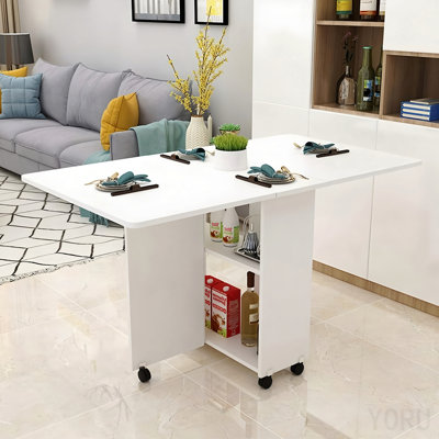 Folding Drop Leaf Dining Table with 6 Wheels and 2-Layer Storage Shelf, Space Saving Table For Small Spaces