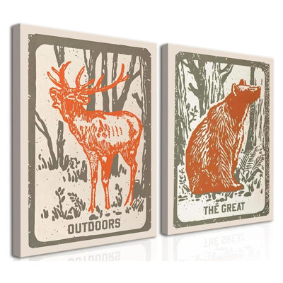 Framed Funny Woodland Deer Bear Canvas Wall Art Set Of 2, Vintage Rustic Forest Animal Pictures Wall Decor, Neutral Wildlife Paintings Prints For Nursery Living Room Bedroom Farmhouse Home 12X16 Inch