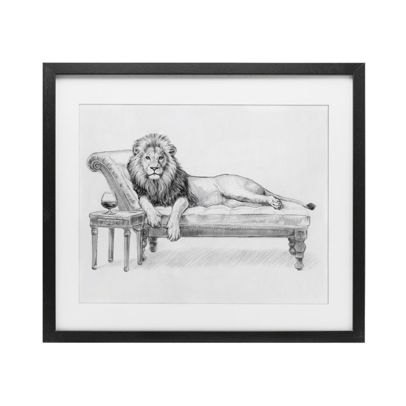 «Lounging Beast Lion», reproduction encadrée sous verre, design par Victoria Barnes, H 17 po x l 21 po, Cadre noir minuit