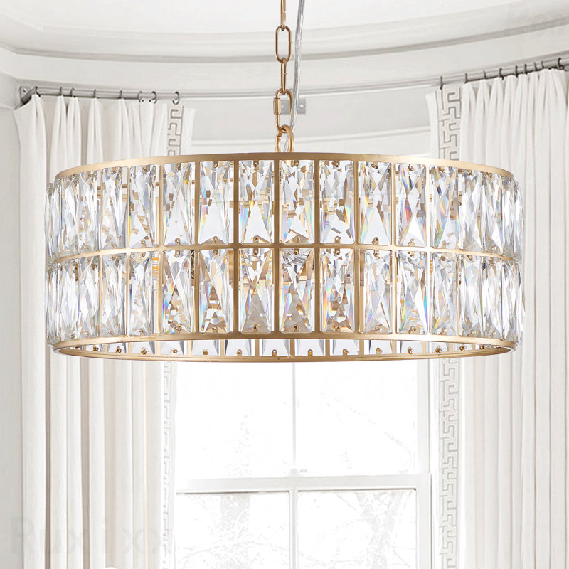 Lustre - tambour en cristal moderne à finition dorée 18 po, luminaire suspendu 6 lumières, cadre en métal, Doré