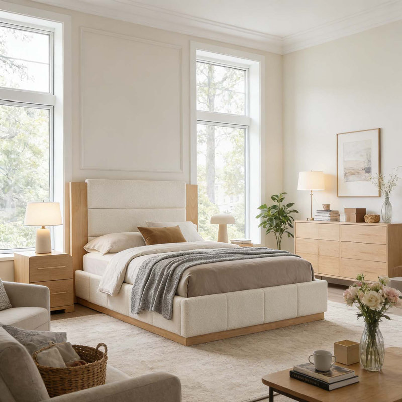 Lit plateforme tapissier avec tête de lit en bois allongée, Blanc, Grand lit