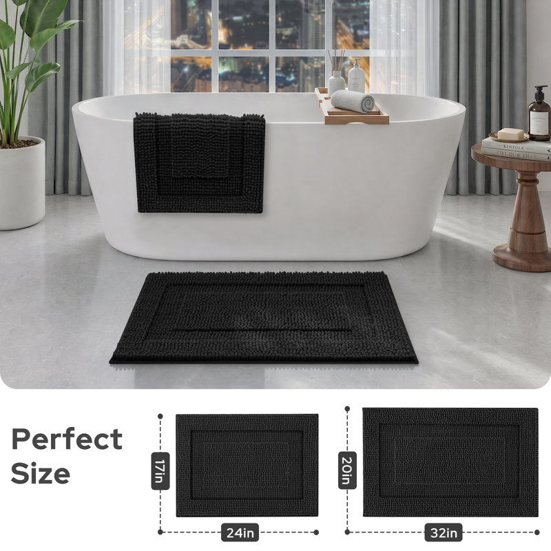 Ensemble de tapis de bain en chenille noire, 2 pièces, 43 x 61 cm + 51 x 81 cm, Black