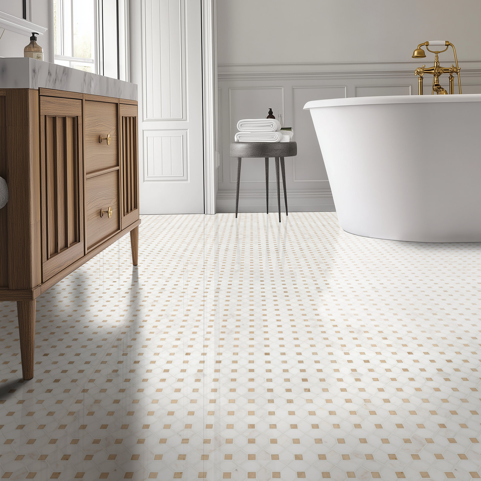 Geometric 13" x 13" Marble Mosaic Tile, Calabria Frost Gold