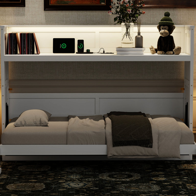 Lit simple TG avec bureau, conduit, charge. Blanc. Fabriqué en bois massif et pour un bureau à la maison fonctionnel ou une chambre d'amis blanche et une station de charge. Cadre en pin polyvalent