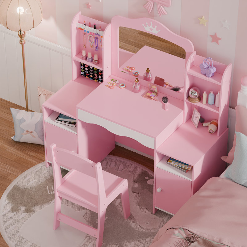 Kids Vanity Set With Stool And Mirror, Pink