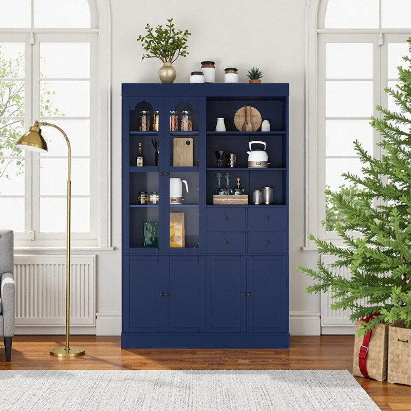 Très grand buffet autoportant de 75 po avec huche - rangement maximisé, 4 tiroirs et portes en verre, Bleu