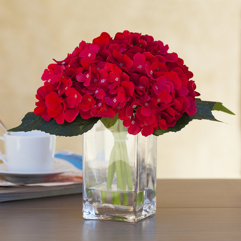 Silk Hydrangea Arrangement in Vase, Red