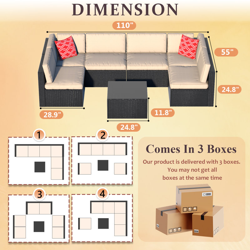 7-Piece Modular PE Rattan Patio Furniture Set, All-Weather Outdoor Sectional Sofa With Glass Coffee Table, Rattan Conversation Set For Backyard, Deck, Poolside (Beige）