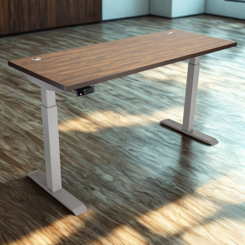 Skyscraper Electric Height Adjustable Standing Desk, Dual Motor and Digital Control with Memory, 60x24, Walnut Block Top with Brushed Silver Frame