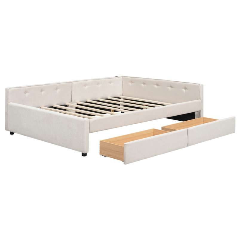 Lit plateforme tapissier avec port USB et 2 tiroirs de rangement, Double