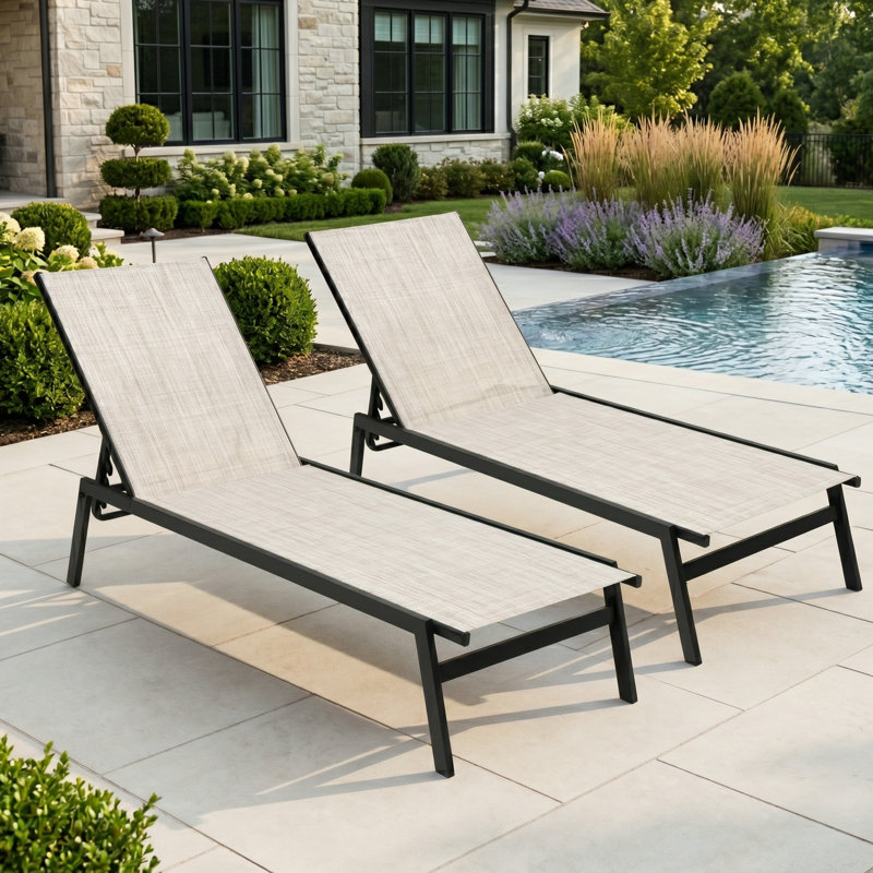 Metal Stacking and Reclining Chaise Lounge Set, Beige/Black