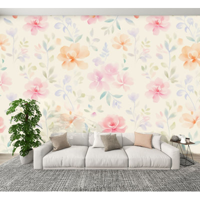 Papier peint pelez et collez, pastel doux, aquarelle, fleurs, feuilles, peintures murales, H 100 po x l 144 po, papier mural amovible en PVC, autocollant, pour chambre à coucher, salon, chambre de bébé