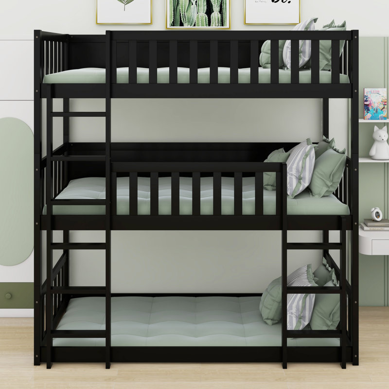 Triple Wood Bunk Bed, With Ladders, Guardrails, Black