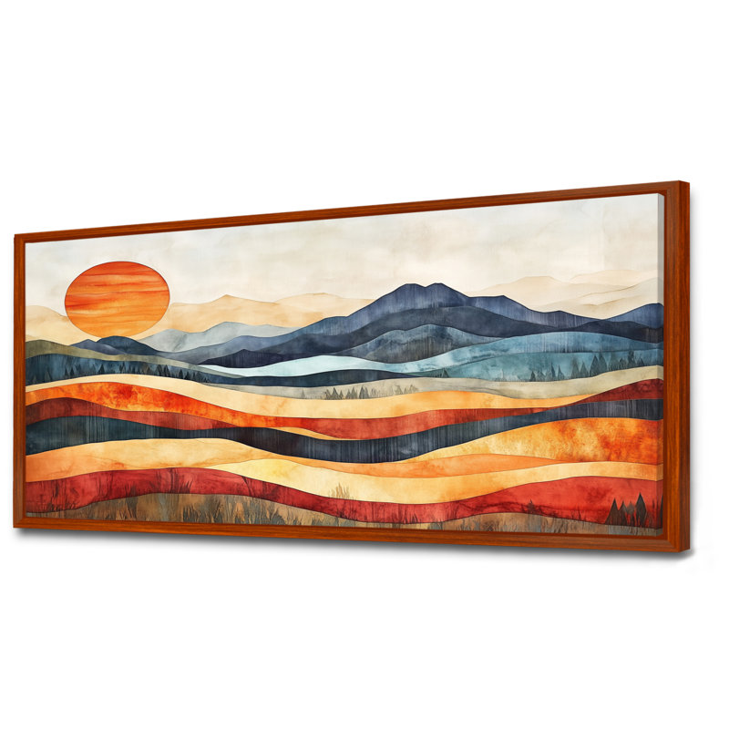 Abstrait art mural, toile de ton terre, horizon terre audacieux, H 28 po x l 60 po, Cadre flottant brun