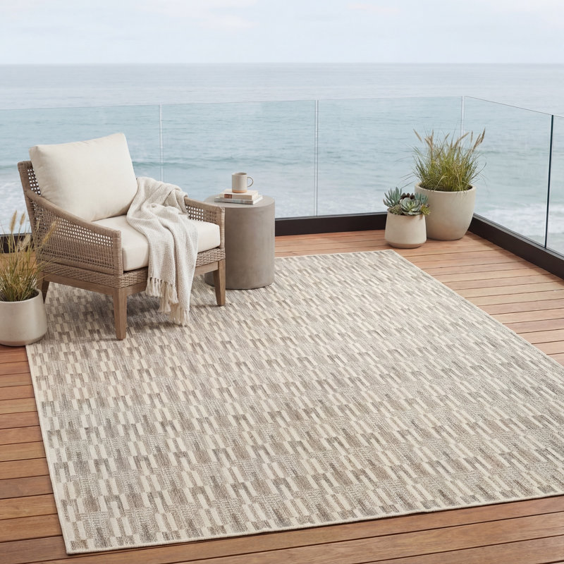 Tapis intérieur / extérieur beige / ivoire à motif géométrique moderne Tavraj, Rectangle 9 pi 10 po x 12 pi 10 po