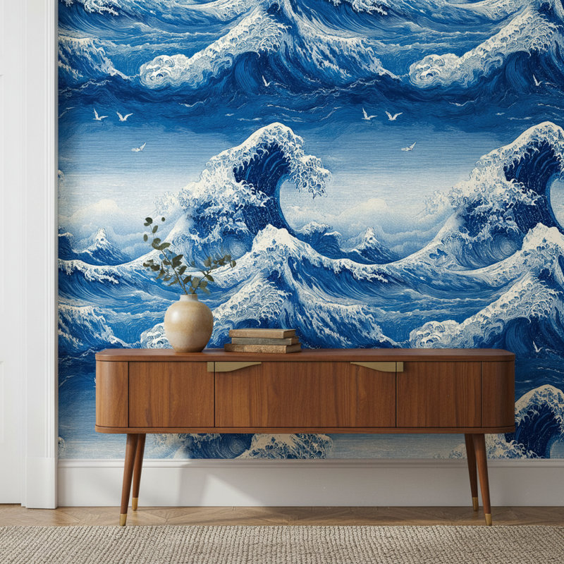 Papier peint vague, panneau décoratif japonais océan
