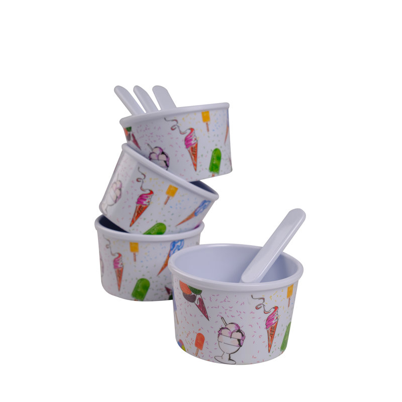 White Melamine Ice Cream Cups with Spoons Set for 4 Guests
