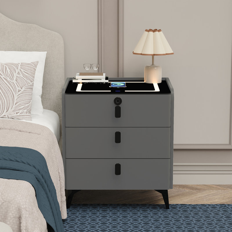Table de chevet moderne à 3 tiroirs avec chargement sans fil, haut-parleur Bluetooth, veilleuse à DEL et verrou d'empreinte digitale (pré-assemblé)