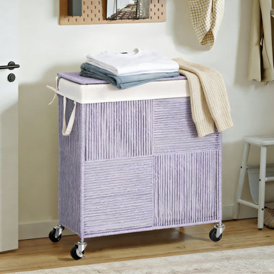 Double Laundry Hamper With Lid And Wheels, Handwoven Rolling Laundry Basket With Removable Liner, 2-Compartment Laundry Sorter For Home Organization, Large Capacity
