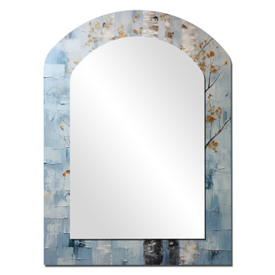 Silver Blue Tree Birchs Breath I - Birch Asymmetrical Unique Wall Mirror, Traditional Arch Mirror, Printed Metal Art