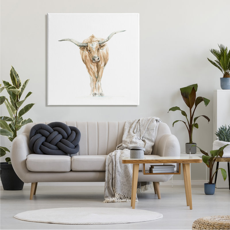 «Longhorn bovin aquarelle» par Fox Hollow Studios - peinture, Toile tendue, H 36 po x l 36 po x P 1,5 po
