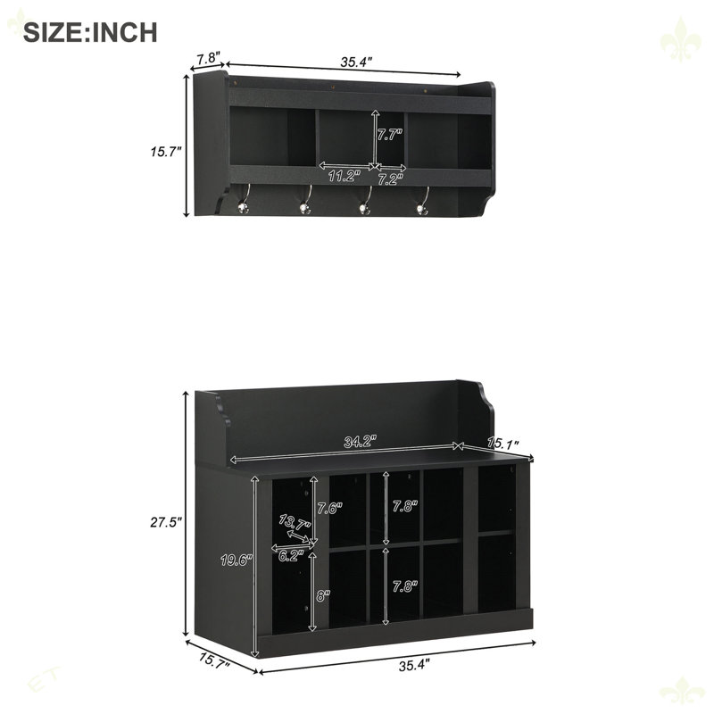 Shoe Storage Bench With Wall Mounted Coat Rack For Hallway, Black