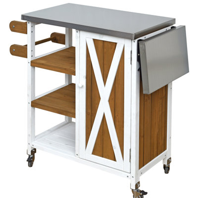 Îlot de cuisine extérieur avec plan de travail pliable, compartiments ouverts et armoire de rangement, pour une cuisson efficace, roulettes verrouillables brun blanc, porte-serviettes à double couche, finition en bois naturel, parfait