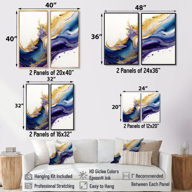 «Blue, Gold and Mauve Splash Paint V», reproductions d'art moderne sur toile, 2 pièces, H 20 po x l 24 po, Noir