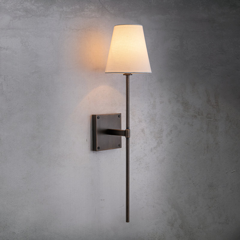 25" Tall Transitional Wall Sconce In Bronze With White Linen Shade Modern Farmhouse Fabric Wall Light Fixture For Bedside Hallway Bathroom