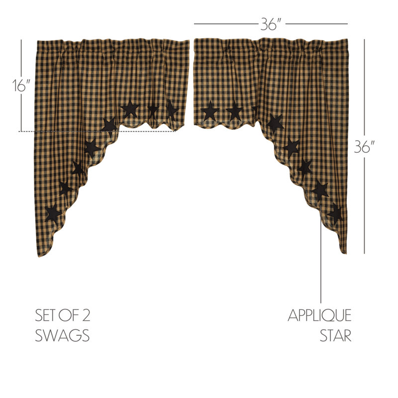 Navy Star Checkered Cotton 72'' W Window Valance, Black