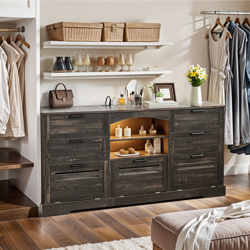  63"W Farmhouse Vintage Large 3+4 Drawer Dresser With LED Light, Retro Chest Of Drawers For Bedroom, Wood Rustic 7 Storage Organizer, TV Stand For TVs Up To 75", Gift