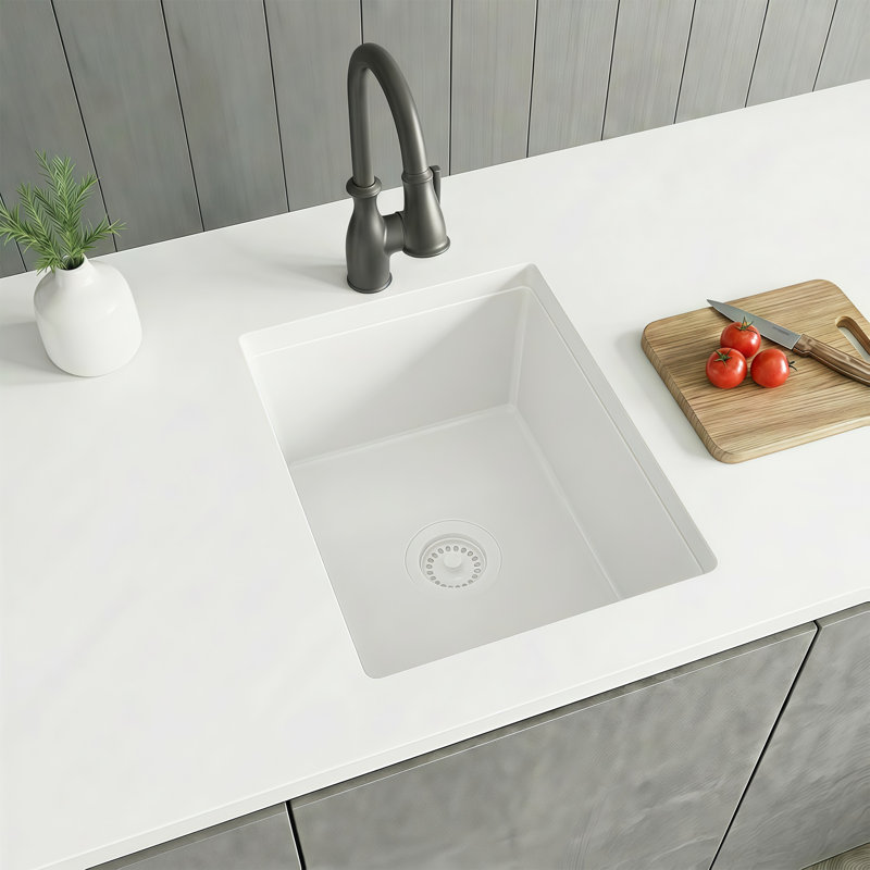  Évier de cuisine en composite de granite blanc encastré à simple cuve 18 po L x 16 po l, Blanc