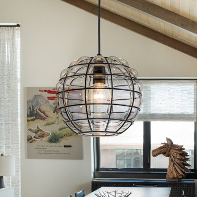 9" Modern Industrial Single Light Grid Glass Spherical Pendant