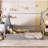 Full Size Wood House Bed with Window and Fence-1109348256