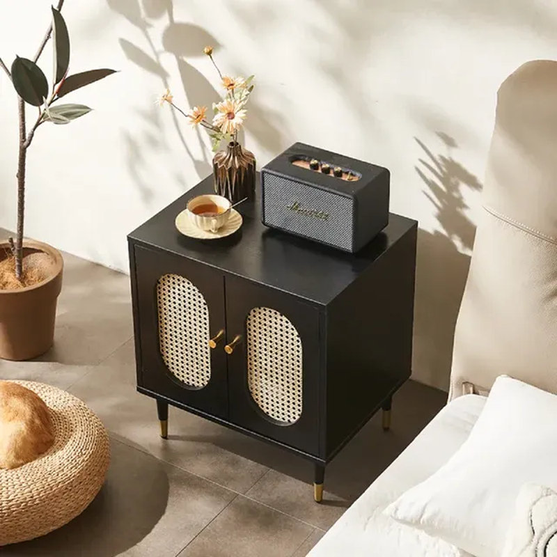 Lille 2 Door Rattan Bedside Cabinet, Black