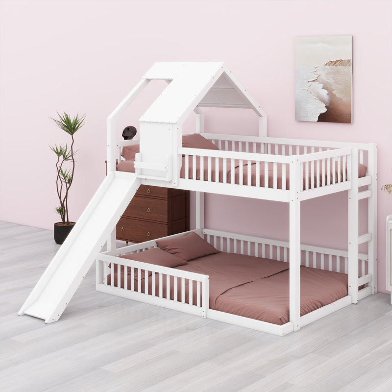 Structure de lit superposé en forme de maison avec glissade et échelle intégrée, Blanc