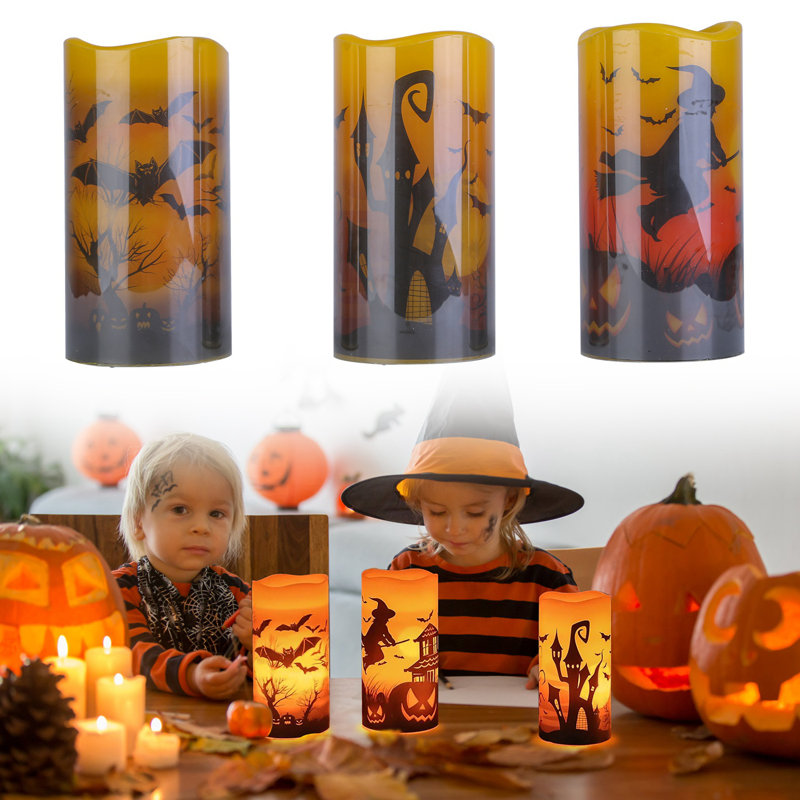 Ensemble de lampes bougies d'Halloween, bougies DEL à piles avec minuterie, Witch+Bat+Castle