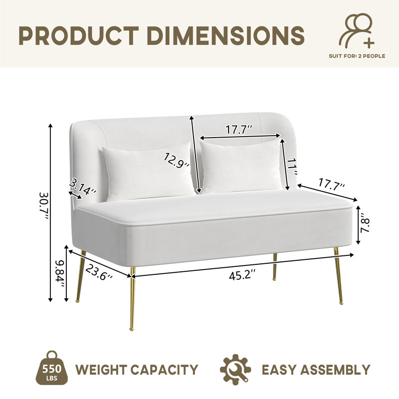High-end 2-Seater Velvet Loveseat Couch With Pillows For Living Room, Beige