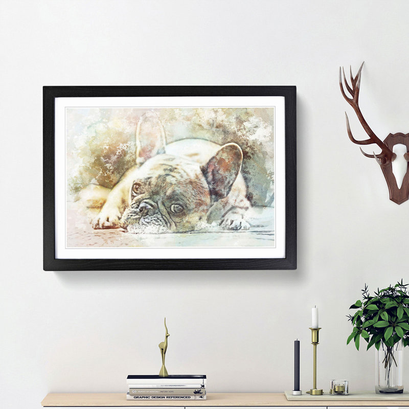 Fawn French Bulldog - Picture Frame Painting Print, Black, 35cm H x 50cm W x 2cm D