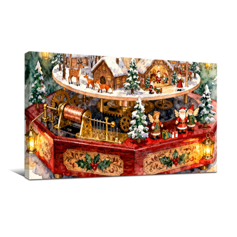 Scène de village de Noël avec le père Noël et le renne, H 16 po x l 32 po