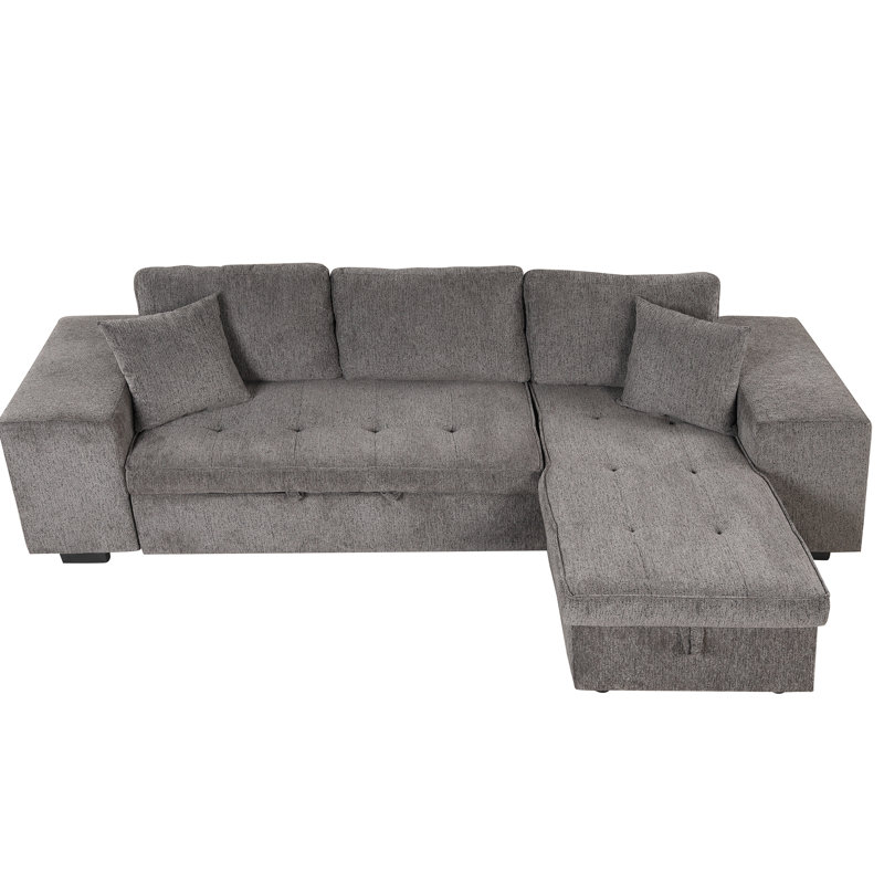 104.5" L-shape Sectional With Sleeper Function, Storage Chaise And 2 Stools, Charcoal Living Space Reversible Bed & Comfy Linen Fabric,